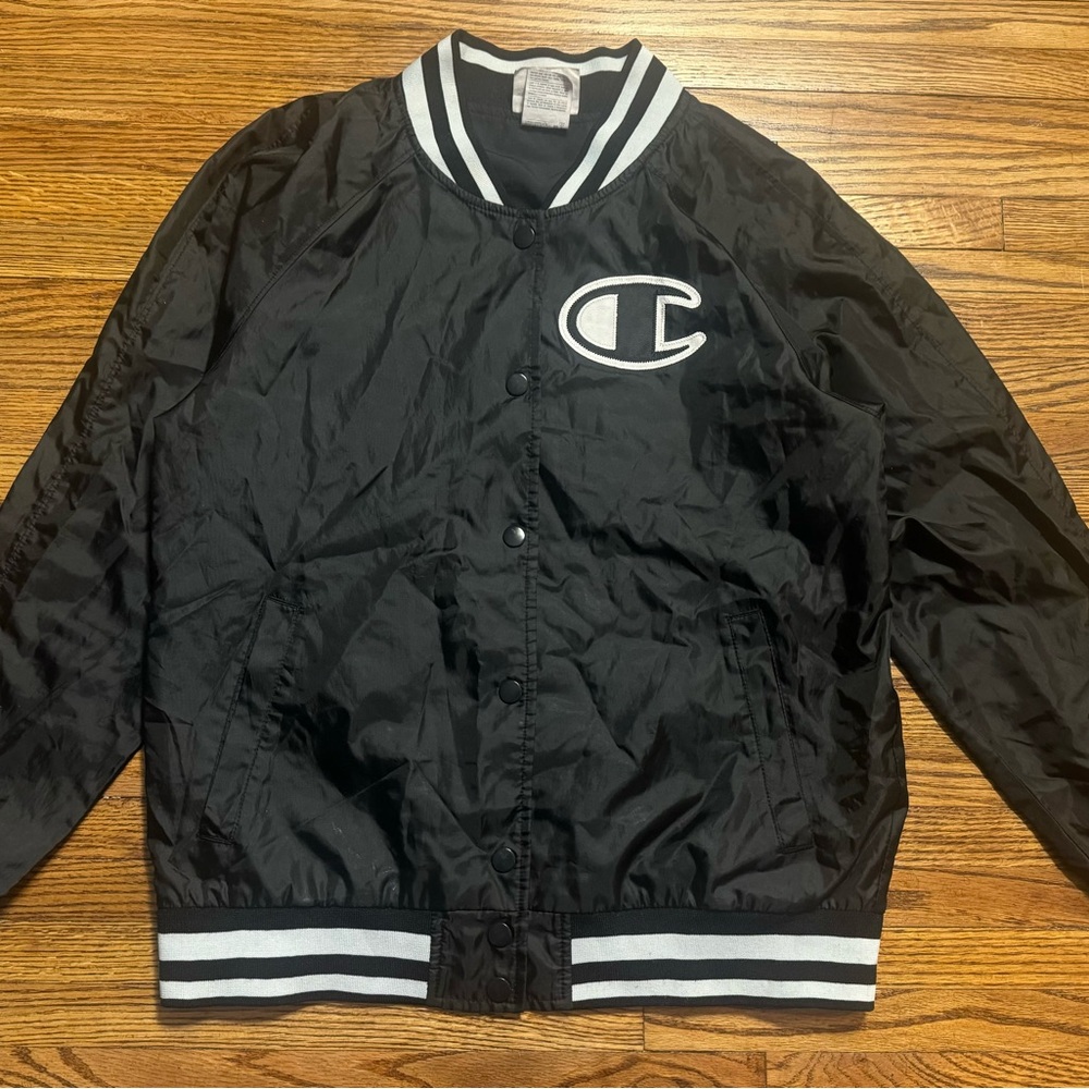 Vintage 90s Champion Satin Varsity Bomber Black Jacket Spellout Mens Medium